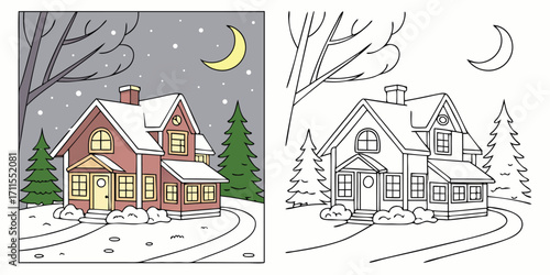 Cozy Christmas winter landscape with snowy house and trees, a festive holiday village scene