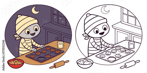 A funny cartoon illustration of a child character smiling while drawing a halloween vector design of an animal