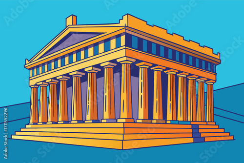 Beautiful illustration of a classic temple with columns and intricate design against a bright blue background