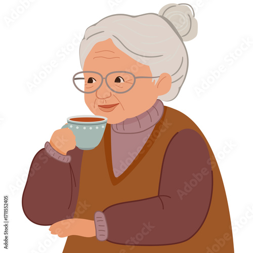 Happy elderly woman with gray hair drinking tea from mug. Retirement, pension, elderly care and health concept.