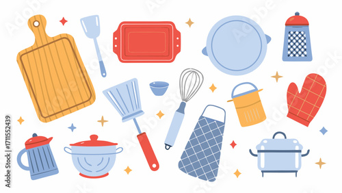 Collection of cute kitchen utensils and cooking tools on white background