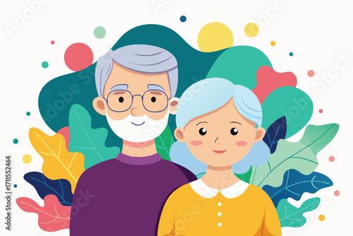 Elderly couple enjoying life together against a colorful backdrop of leaves and shapes