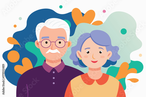 Elderly couple smiling in a colorful artistic background during a joyful moment at home
