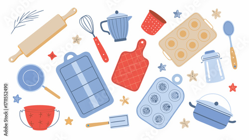 Collection of cute kitchen utensils and baking tools in a flat design style