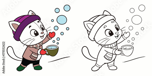 Funny cartoon butterfly, bug, and cat characters with Santa hats and winter snow for a fun Christmas holiday vector illustration design