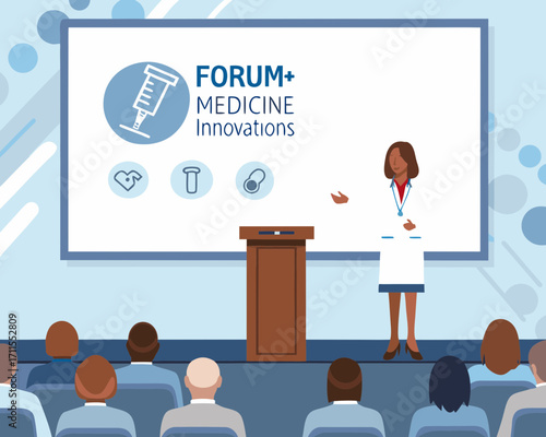 Doctor presenting medical innovations at a forum to an audience