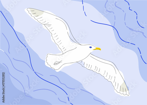 Stylized illustration of a white seagull in flight against a blue background