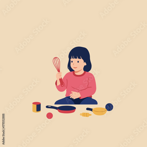 Smiling girl plays with pots, pans, rolling pin and whisk on light beige background