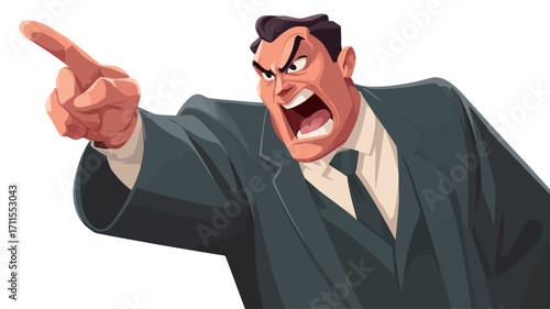 A vector illustration depicting a cartoon-style illustration of an angry, overweight, middle-aged Caucasian man in a dark suit and tie. His mouth is open in a yell, and he is pointing aggressively