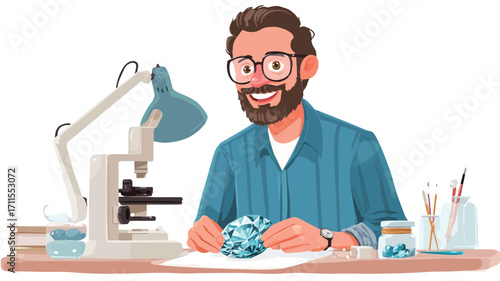 A vector illustration depicting a smiling man with a beard and glasses, sitting at a desk in a laboratory setting. He is carefully examining a small, crystalline sample with his hands. 