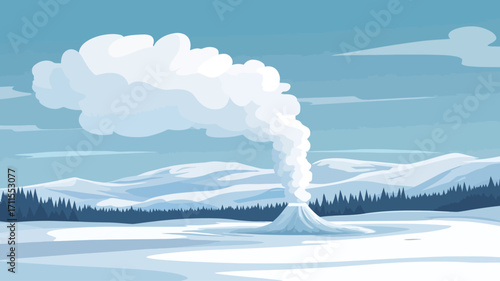 A digital illustration depicting a geyser erupting in a snowy winter landscape. The geyser is centrally positioned, emitting a large plume of white steam against a clear, light blue sky.