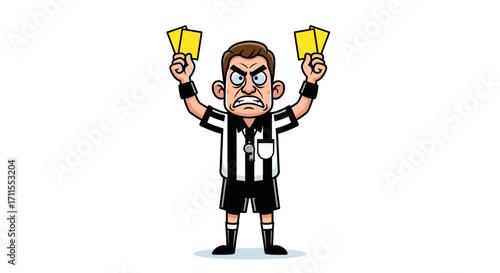 Cartoon referee holding up yellow cards with an angry expression on his face