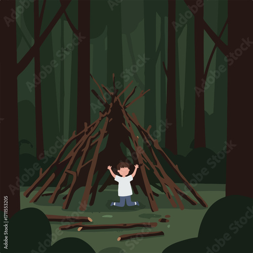 Child-built stick shelter stands within a cartoon forest landscape, arms raised in glee