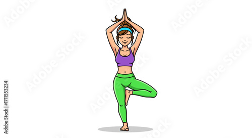 Cartoon woman in purple top and green leggings doing tree yoga pose with hands up
