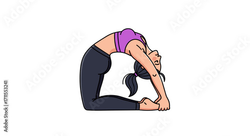 Illustration of a woman in a yoga pose with purple top and black leggings
