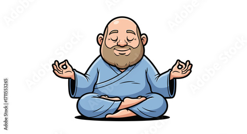 Cartoon monk with beard in blue robe meditating with eyes closed and hands up