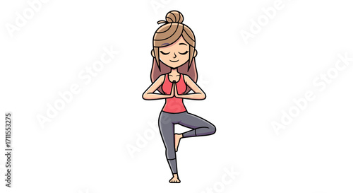 Illustration of a woman in tree pose with hands in prayer position in yoga class