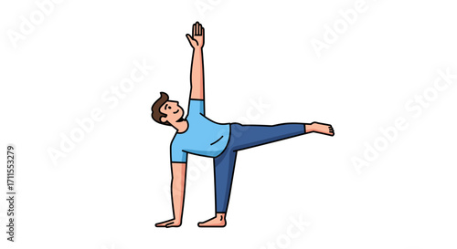 Illustration of a man in a yoga pose with one arm raised and one leg extended