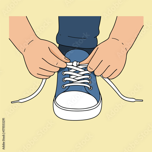 Illustrated view of person tying shoelace on blue sneaker, on a pale yellow backdrop