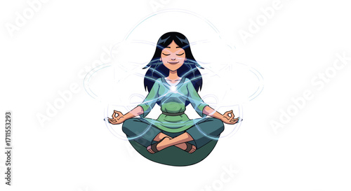 Woman meditating with glowing energy lines in lotus position illustration