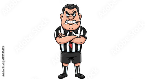 Cartoon referee with crossed arms looking angry with a whistle and microphone