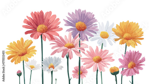 A digital illustration or painting depicting a cluster of daisies in various pastel colors including pink, purple, yellow, and white. The daisies are depicted with varying levels of openness