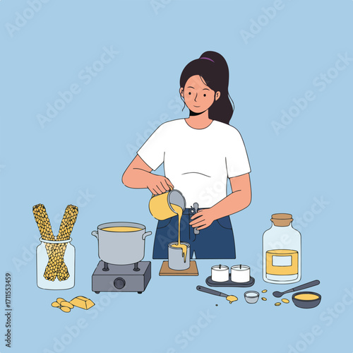 Woman is pouring wax into a candle cup on a table with other candle making supplies