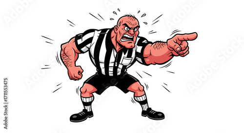 Cartoon referee with striped shirt pointing and shouting intensely at someone