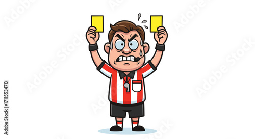 Cartoon referee holding up yellow cards with an angry expression on his face now
