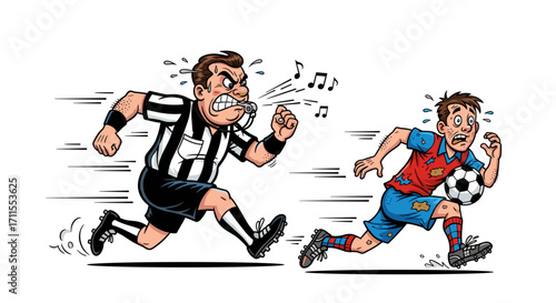 A cartoon depiction of a referee chasing a soccer player while blowing a whistle
