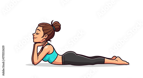 A cartoon woman in a yoga pose with her head resting on her hands on the floor