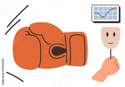 Boxing glove punching forward, happy face held by hand, and chart with growth trend. Ideal for conflict resolution, strategic planning, teamwork, emotional intelligence, growth, leadership