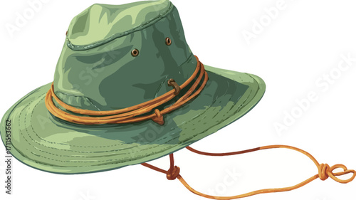 A vector illustration of a green safari hat with a wide brim, a brown cord around the crown, and a brown chin strap. The hat is depicted against a white background and appears to be made of a