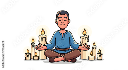 Man in meditation pose surrounded by lit candles on a white background art