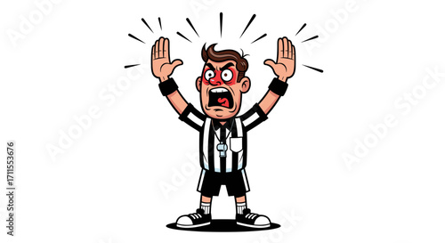 An angry referee with hands raised in the air wearing a striped uniform yelling