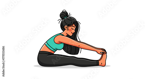 A woman with long dark hair in a bun stretches her legs while sitting down