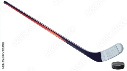A high-angle, full shot of a hockey stick and puck on a white background. The hockey stick is primarily dark blue with a red and orange gradient design near the bottom.