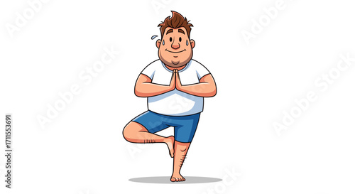 Cartoon man in tree pose with hands in prayer position wearing shorts and shirt