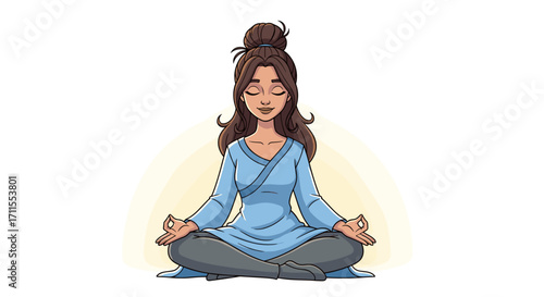 Illustration of a woman with long brown hair meditating in a lotus position