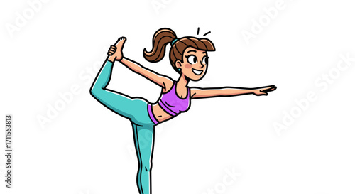 Cartoon woman in yoga pose with one leg extended and arm reaching out straight