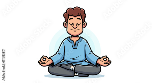 A cartoon man with curly brown hair is meditating in the lotus position calmly