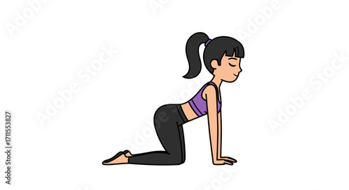 Cartoon woman with ponytail performing the cat cow yoga pose on a white background