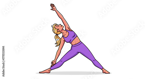 Illustration of a woman in a triangle yoga pose with purple athletic wear on white