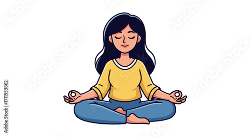 Illustration of a woman meditating in lotus position with eyes closed and relaxed