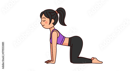 Illustration of a woman in the cat cow yoga pose with purple top and black pants