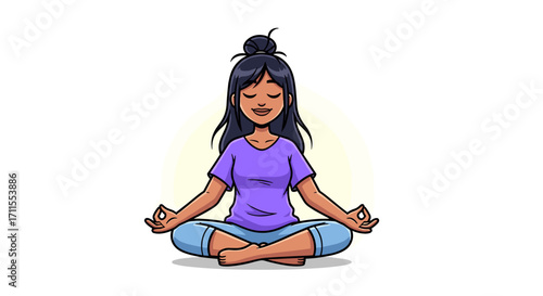 A woman with dark hair and a purple shirt is meditating in a cross legged position