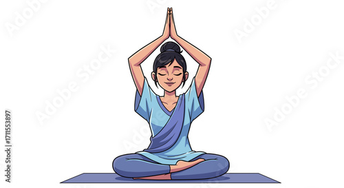Illustration of a woman in a meditative pose with hands raised above her head