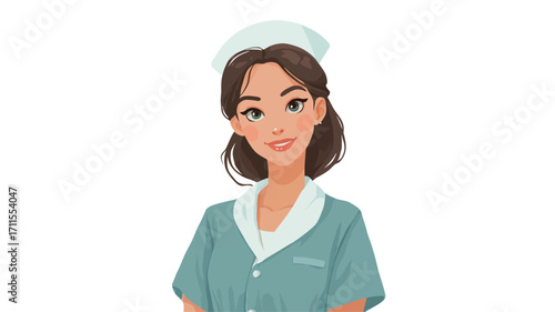 A digital illustration depicting a smiling young woman in a teal nurse's uniform, featuring a white cap and collared shirt. The style is cartoonish, vector-based, with a clean, simple background.