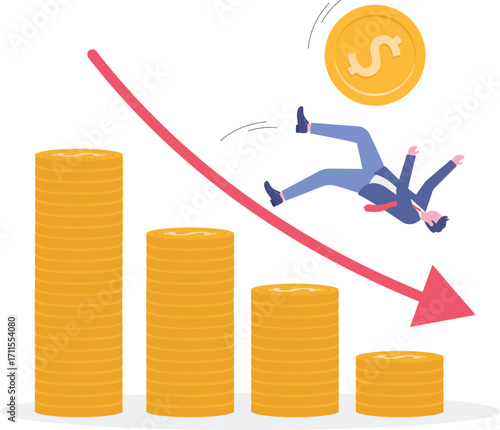 Businessman investor slips on stock market graph and falls to the floor,

