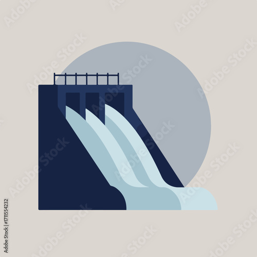 Graphic illustration of dam with cascading water against a circular backdrop design